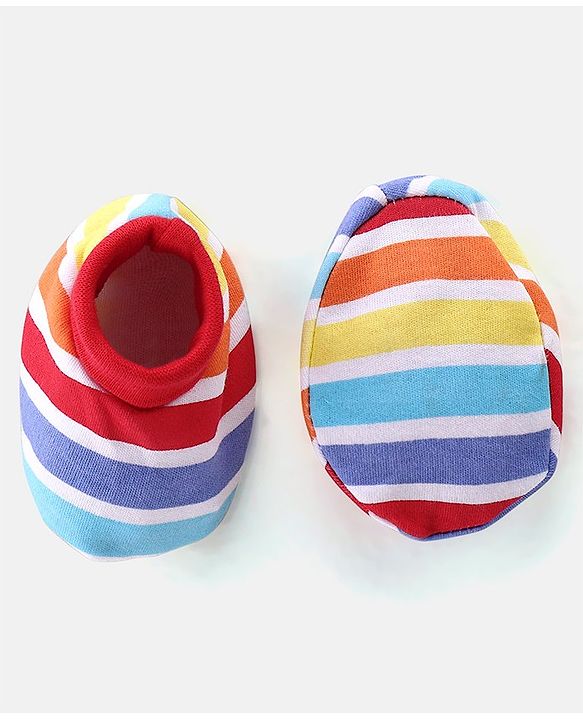Babyhug 100% Cotton Knit Striped Cap Mittens & Booties Set - Multicolour