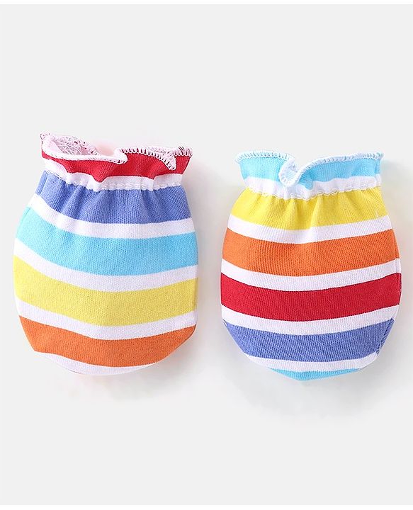 Babyhug 100% Cotton Knit Striped Cap Mittens & Booties Set - Multicolour