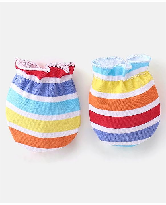 Babyhug 100% Cotton Knit Striped Cap Mittens & Booties Set - Multicolour