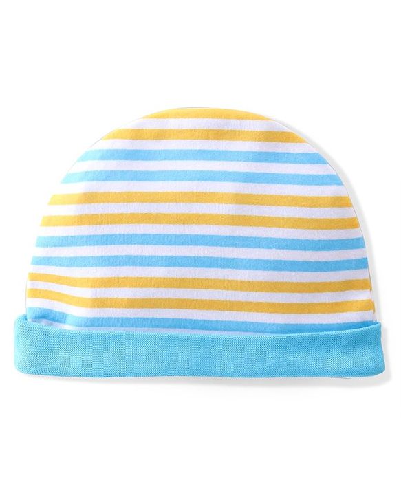Babyhug 100% Cotton Knit Cap Mittens & Booties  Stripe Print- Blue