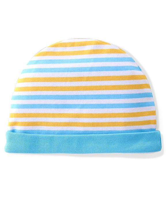 Babyhug 100% Cotton Knit Cap Mittens & Booties  Stripe Print- Blue