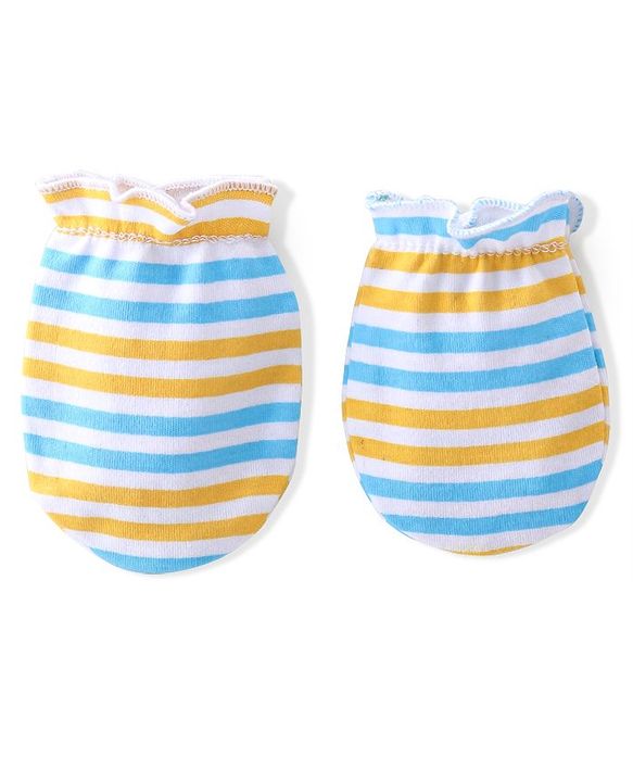 Babyhug 100% Cotton Knit Cap Mittens & Booties  Stripe Print- Blue