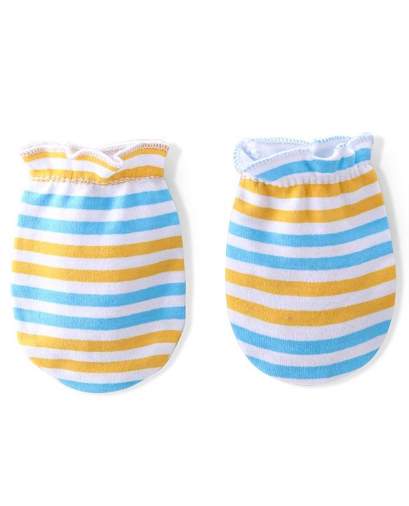 Babyhug 100% Cotton Knit Cap Mittens & Booties  Stripe Print- Blue
