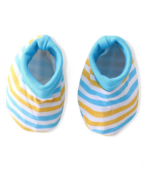 Babyhug 100% Cotton Knit Cap Mittens & Booties  Stripe Print- Blue