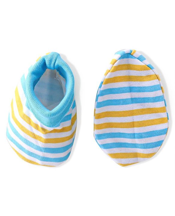 Babyhug 100% Cotton Knit Cap Mittens & Booties  Stripe Print- Blue