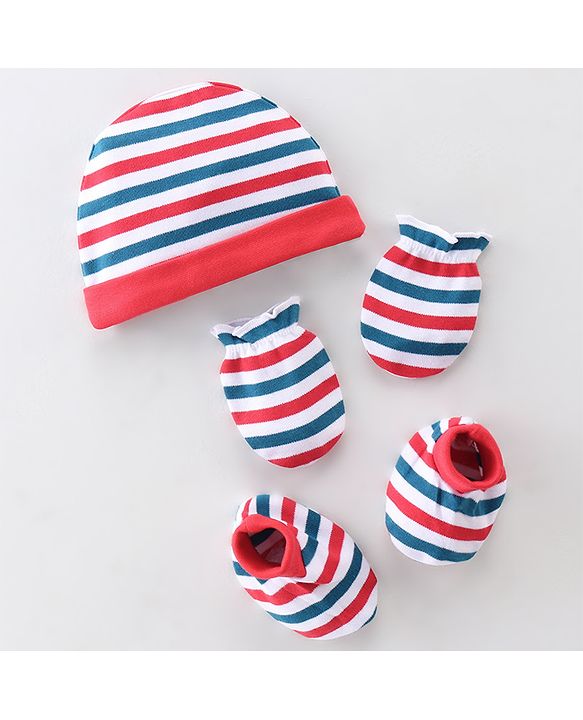 Babyhug 100% Cotton Knit Cap Mittens & Booties Set Stripes Print- Red Blue & White