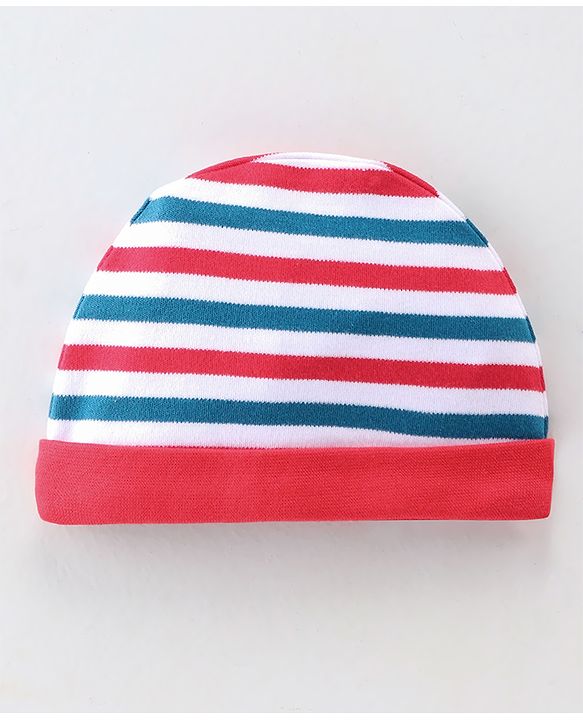 Babyhug 100% Cotton Knit Cap Mittens & Booties Set Stripes Print- Red Blue & White