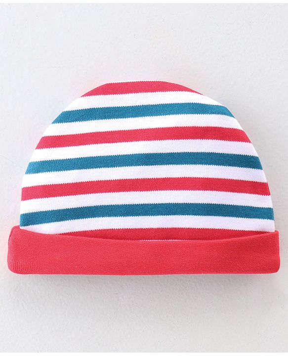 Babyhug 100% Cotton Knit Cap Mittens & Booties Set Stripes Print- Red Blue & White