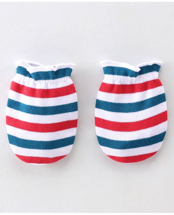 Babyhug 100% Cotton Knit Cap Mittens & Booties Set Stripes Print- Red Blue & White