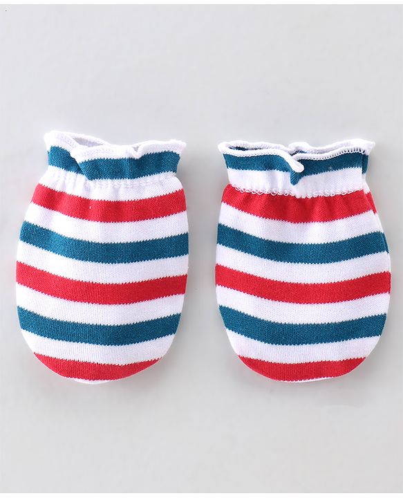 Babyhug 100% Cotton Knit Cap Mittens & Booties Set Stripes Print- Red Blue & White