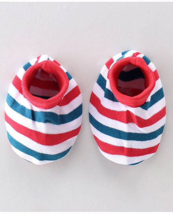 Babyhug 100% Cotton Knit Cap Mittens & Booties Set Stripes Print- Red Blue & White