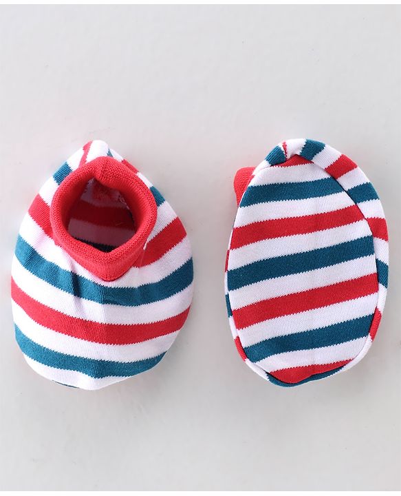 Babyhug 100% Cotton Knit Cap Mittens & Booties Set Stripes Print- Red Blue & White