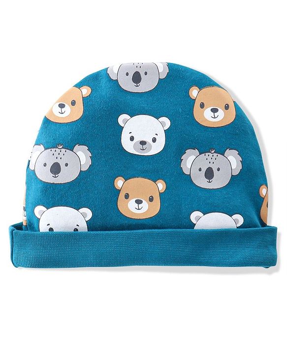 Babyhug 100% Cotton Knit Cap Mittens & Booties  Koala & Bear Print- Navy Blue