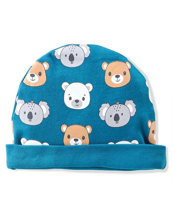 Babyhug 100% Cotton Knit Cap Mittens & Booties  Koala & Bear Print- Navy Blue