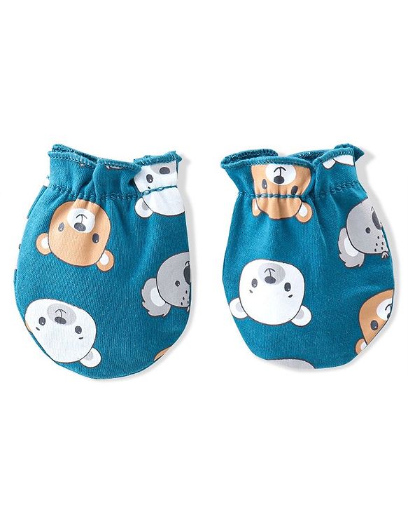 Babyhug 100% Cotton Knit Cap Mittens & Booties  Koala & Bear Print- Navy Blue