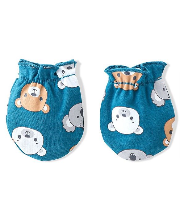 Babyhug 100% Cotton Knit Cap Mittens & Booties  Koala & Bear Print- Navy Blue