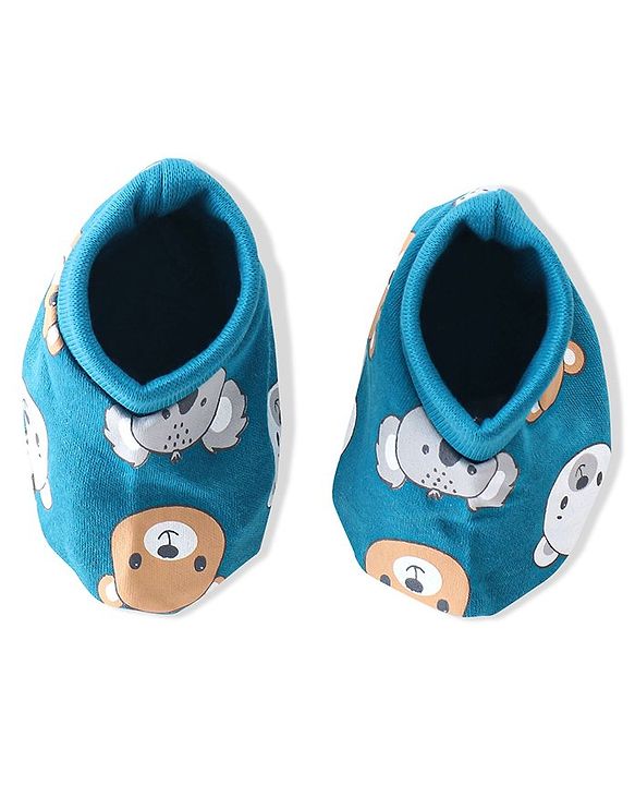 Babyhug 100% Cotton Knit Cap Mittens & Booties  Koala & Bear Print- Navy Blue
