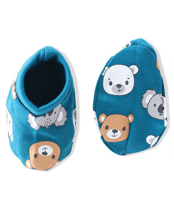 Babyhug 100% Cotton Knit Cap Mittens & Booties  Koala & Bear Print- Navy Blue