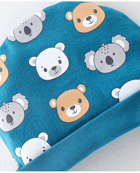 Babyhug 100% Cotton Knit Cap Mittens & Booties  Koala & Bear Print- Navy Blue