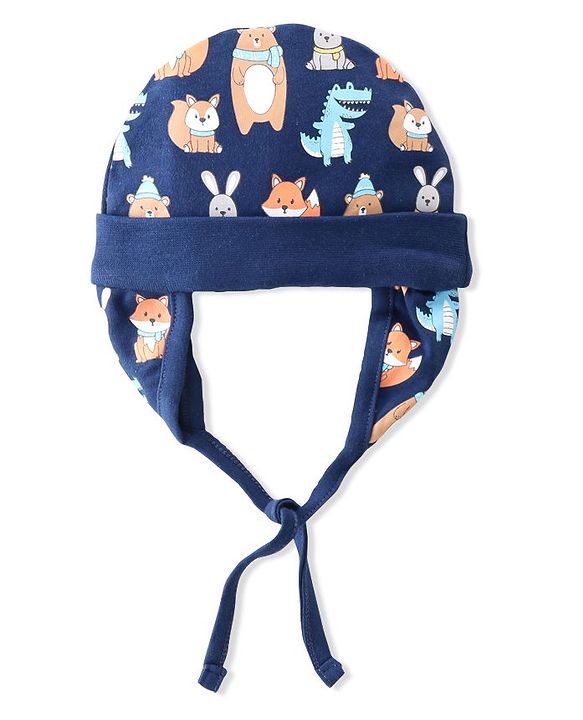 Babyhug 100% Cotton Knit Animal Print Cap- Navy Blue