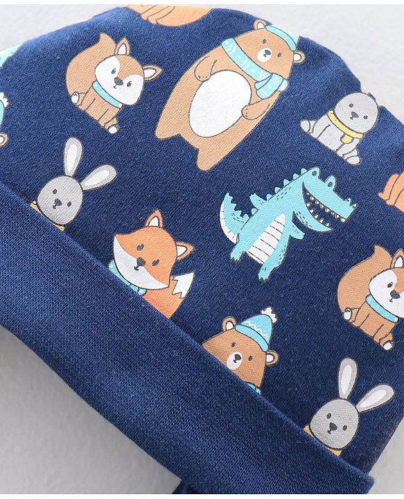 Babyhug 100% Cotton Knit Animal Print Cap- Navy Blue