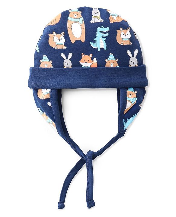 Babyhug 100% Cotton Knit Animal Print Cap- Navy Blue