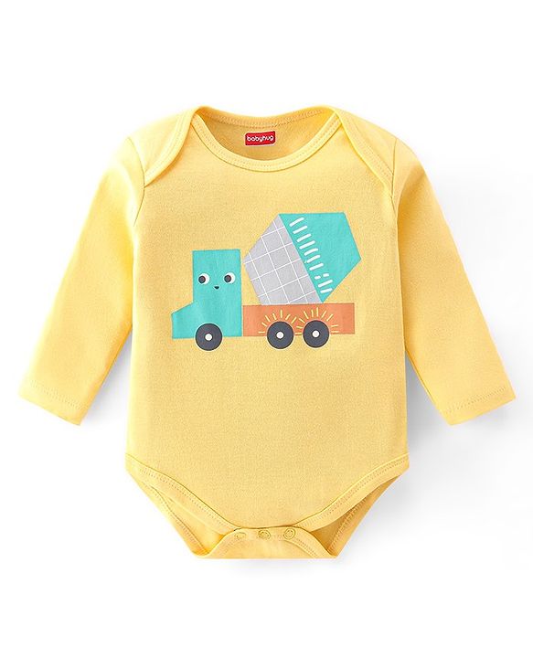 Babyhug 100% Cotton Knit Full Sleeves Onesie with Diaper Pant Cap Mittens & Booties Truck Print - Yellow & Blue