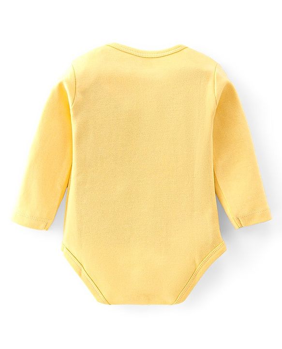 Babyhug 100% Cotton Knit Full Sleeves Onesie with Diaper Pant Cap Mittens & Booties Truck Print - Yellow & Blue