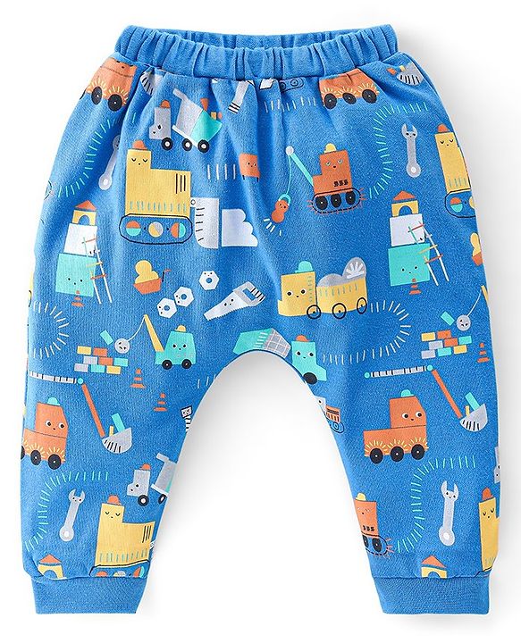 Babyhug 100% Cotton Knit Full Sleeves Onesie with Diaper Pant Cap Mittens & Booties Truck Print - Yellow & Blue