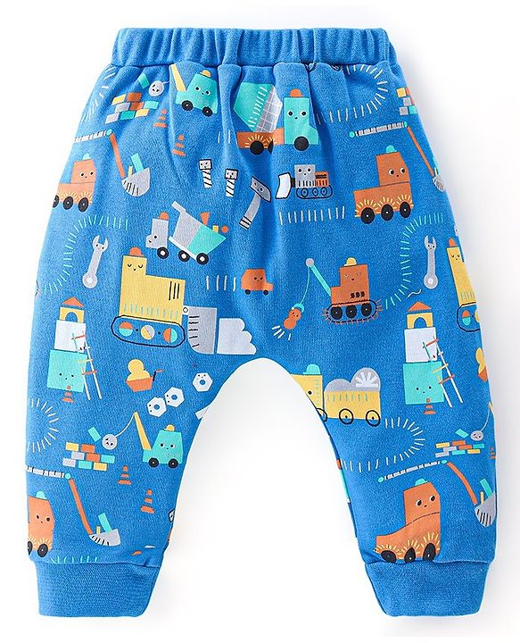 Babyhug 100% Cotton Knit Full Sleeves Onesie with Diaper Pant Cap Mittens & Booties Truck Print - Yellow & Blue