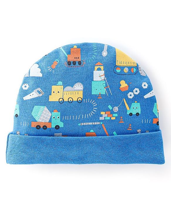 Babyhug 100% Cotton Knit Full Sleeves Onesie with Diaper Pant Cap Mittens & Booties Truck Print - Yellow & Blue