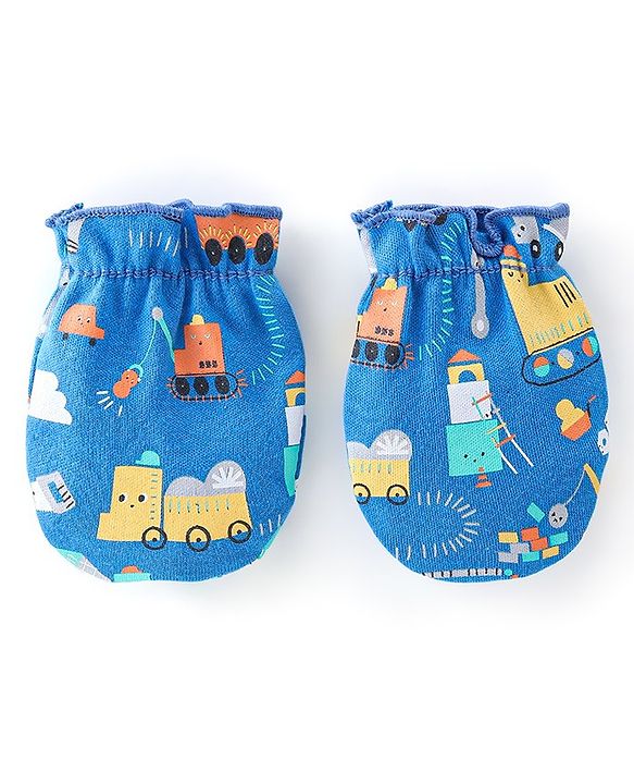 Babyhug 100% Cotton Knit Full Sleeves Onesie with Diaper Pant Cap Mittens & Booties Truck Print - Yellow & Blue