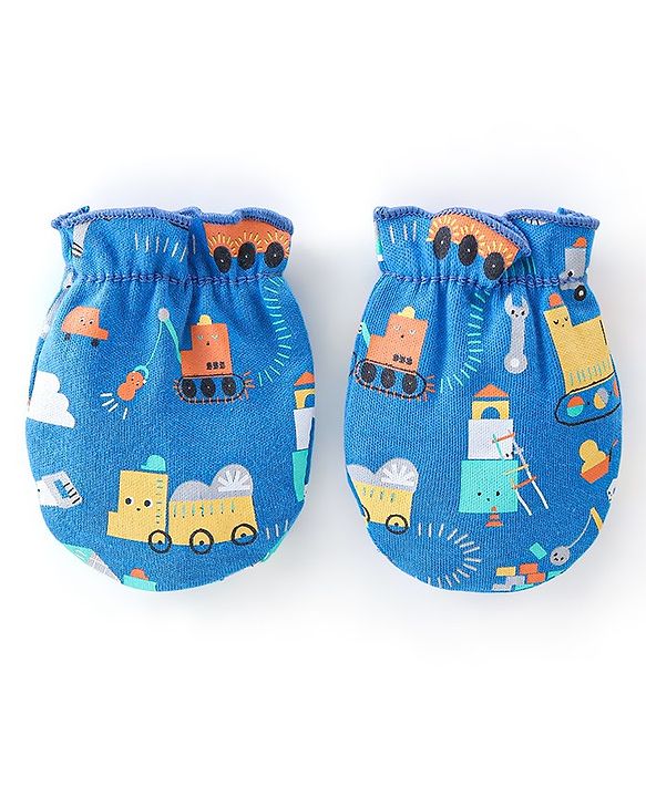 Babyhug 100% Cotton Knit Full Sleeves Onesie with Diaper Pant Cap Mittens & Booties Truck Print - Yellow & Blue