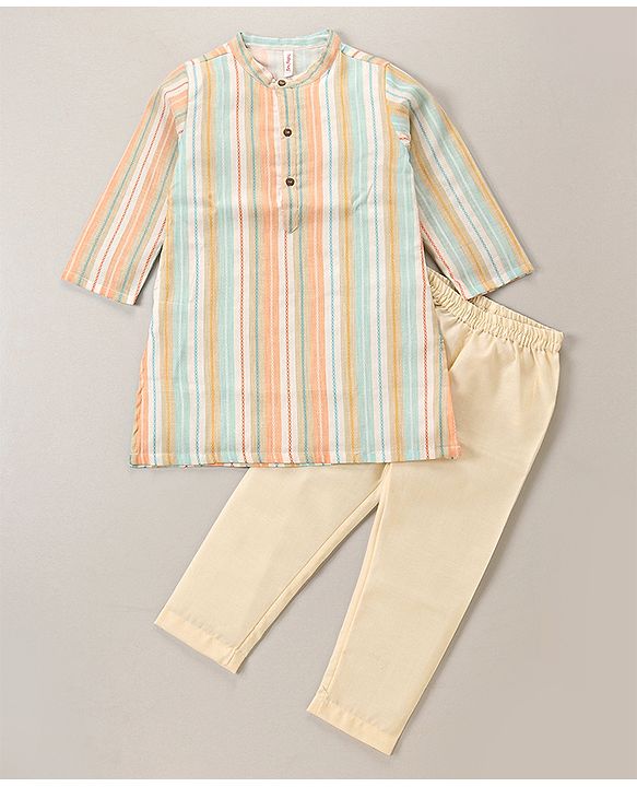 Babyhug Cotton Full Sleeves Striped Kurta with Pyjama Set - Pink & Blue