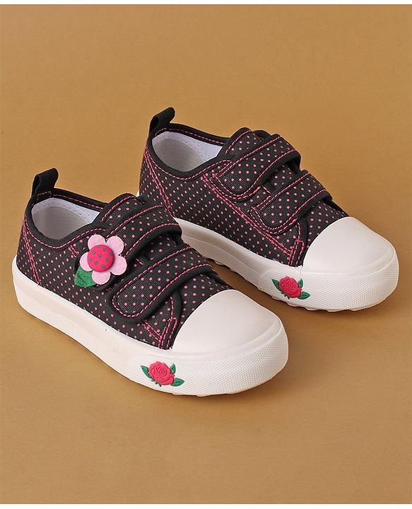 Cute Walk by Babyhug Polka Dots Printed Casual Shoes with Velcro Closure & Floral Applique - Black