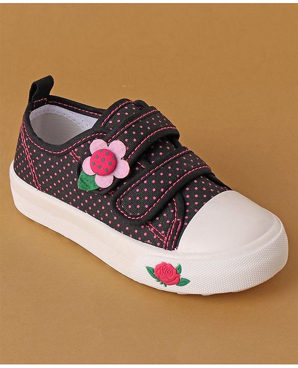 Cute Walk by Babyhug Polka Dots Printed Casual Shoes with Velcro Closure & Floral Applique - Black