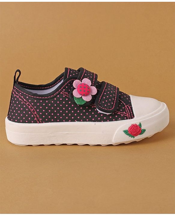 Cute Walk by Babyhug Polka Dots Printed Casual Shoes with Velcro Closure & Floral Applique - Black