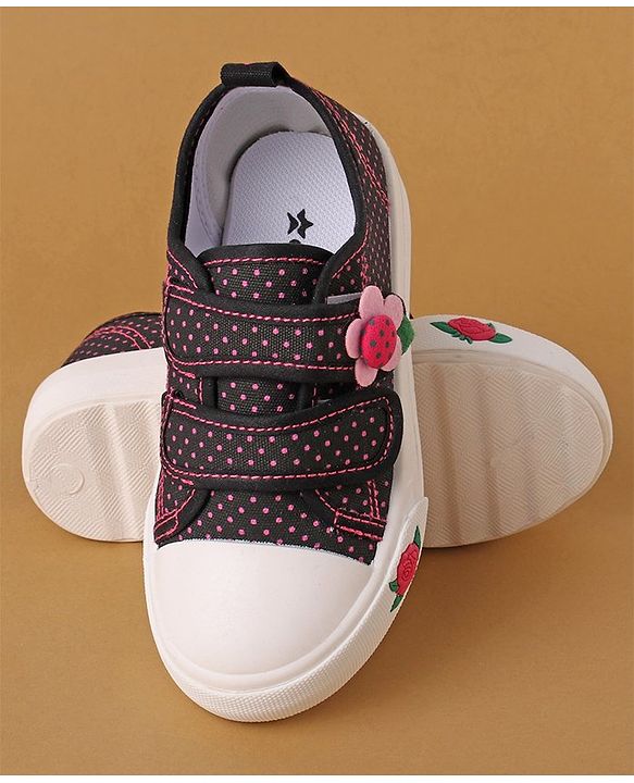 Cute Walk by Babyhug Polka Dots Printed Casual Shoes with Velcro Closure & Floral Applique - Black