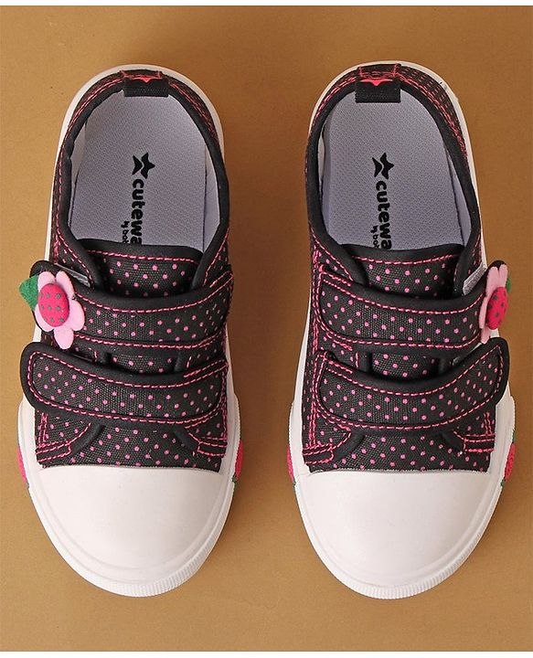 Cute Walk by Babyhug Polka Dots Printed Casual Shoes with Velcro Closure & Floral Applique - Black