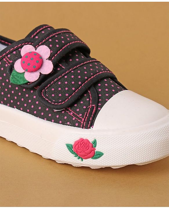 Cute Walk by Babyhug Polka Dots Printed Casual Shoes with Velcro Closure & Floral Applique - Black