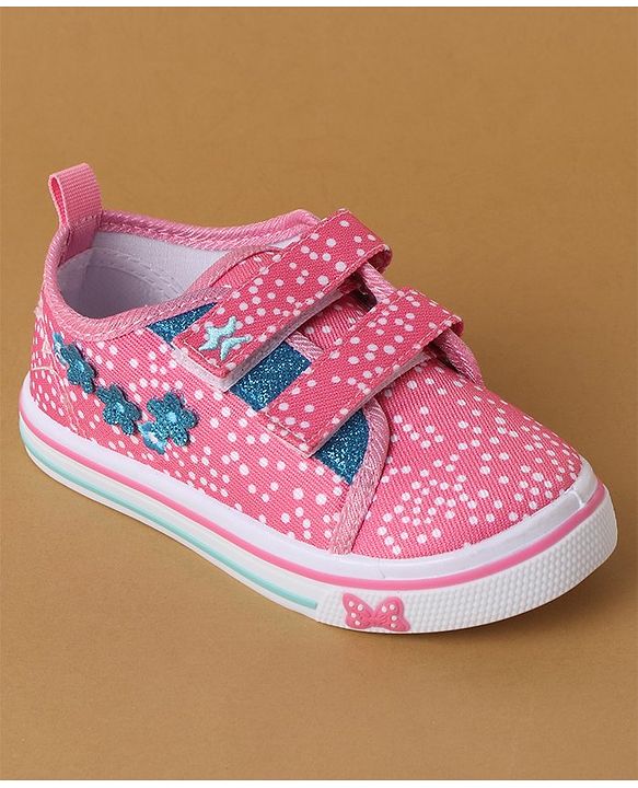 Cute Walk by Babyhug Polka Dots Printed Casual Shoes with Velcro Closure & Floral Applique - Pink