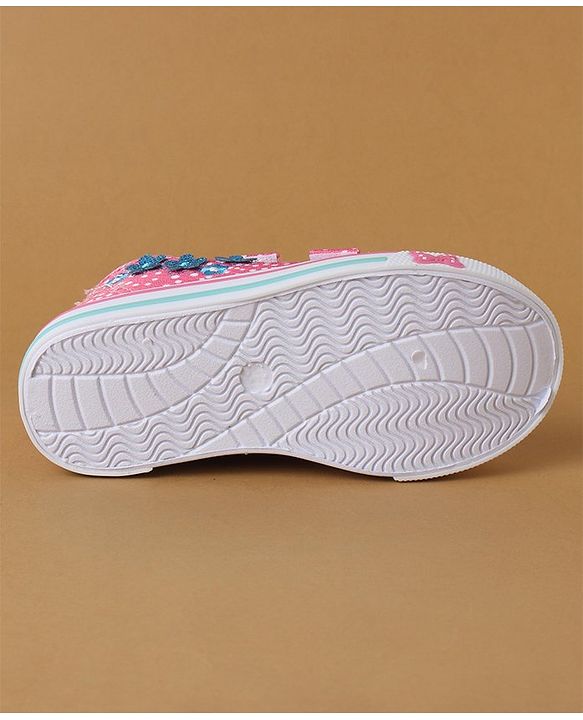 Cute Walk by Babyhug Polka Dots Printed Casual Shoes with Velcro Closure & Floral Applique - Pink