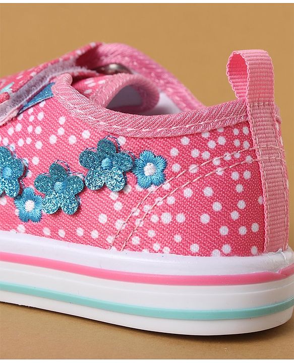 Cute Walk by Babyhug Polka Dots Printed Casual Shoes with Velcro Closure & Floral Applique - Pink