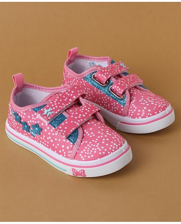 Cute Walk by Babyhug Polka Dots Printed Casual Shoes with Velcro Closure & Floral Applique - Pink