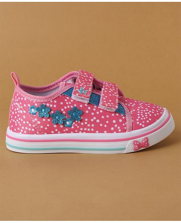 Cute Walk by Babyhug Polka Dots Printed Casual Shoes with Velcro Closure & Floral Applique - Pink