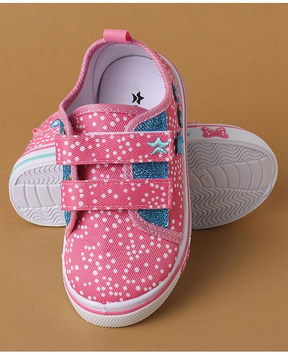 Cute Walk by Babyhug Polka Dots Printed Casual Shoes with Velcro Closure & Floral Applique - Pink