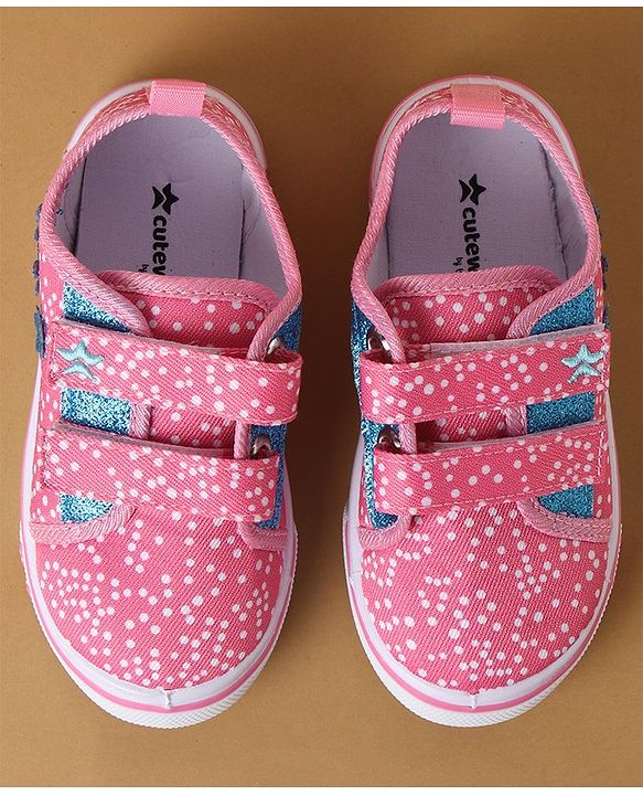 Cute Walk by Babyhug Polka Dots Printed Casual Shoes with Velcro Closure & Floral Applique - Pink