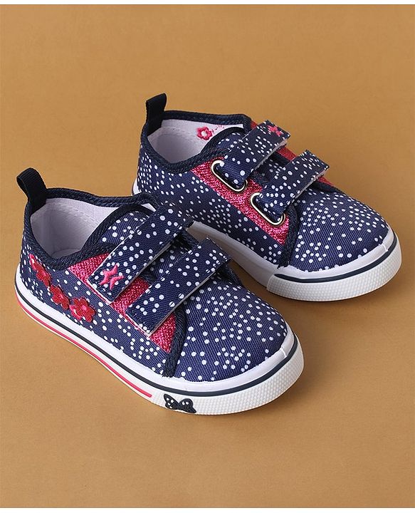 Cute Walk by Babyhug Polka Dots Printed Casual Shoes with Velcro Closure & Floral Applique - Pink