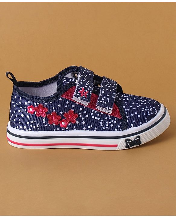 Cute Walk by Babyhug Polka Dots Printed Casual Shoes with Velcro Closure & Floral Applique - Pink