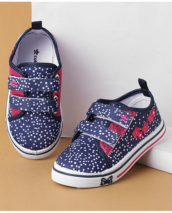 Cute Walk by Babyhug Polka Dots Printed Casual Shoes with Velcro Closure & Floral Applique - Pink